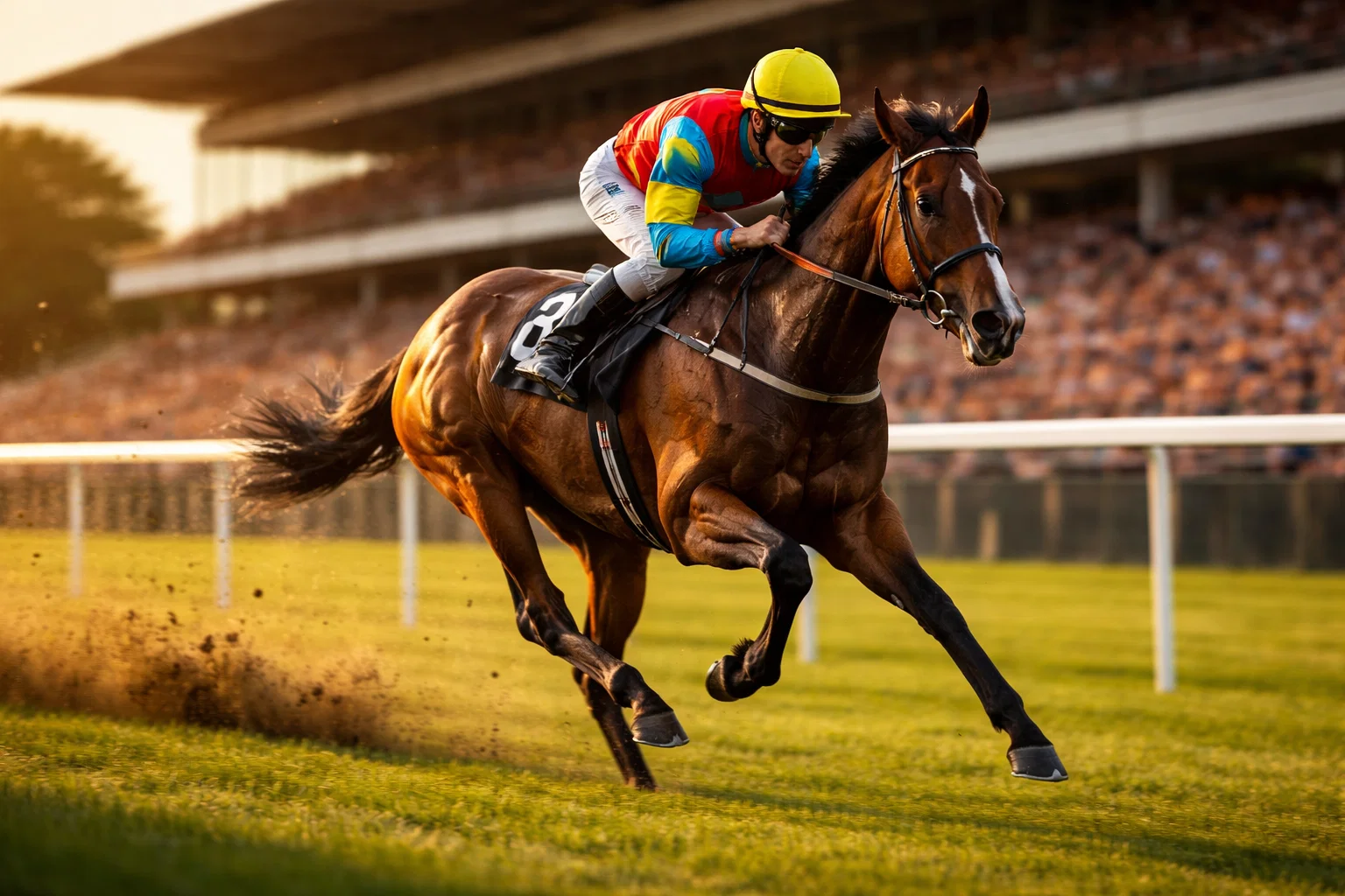 Jockey riding thoroughbred horse during UK flat race at British racecourse