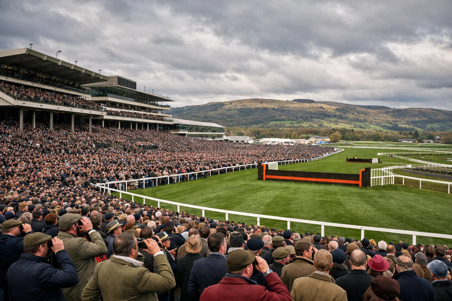 Cheltenham Festival racecourse grandstand filled with spectators watching jump racing