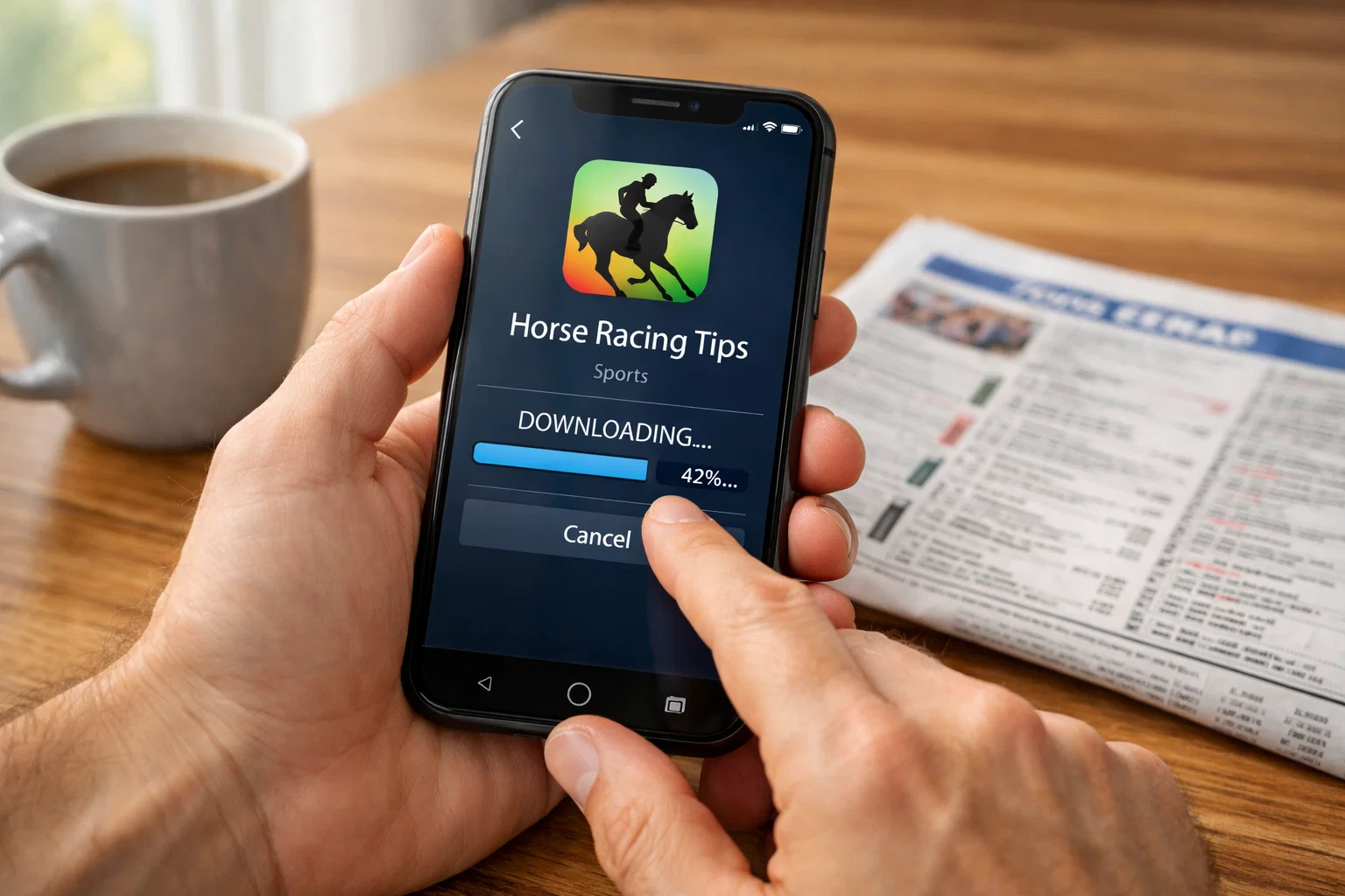 Downloading horse racing betting app on smartphone