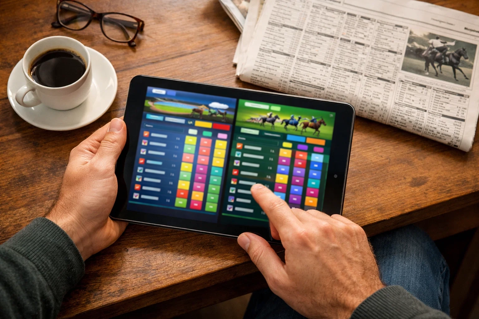 Person comparing horse racing betting apps on tablet showing odds comparison