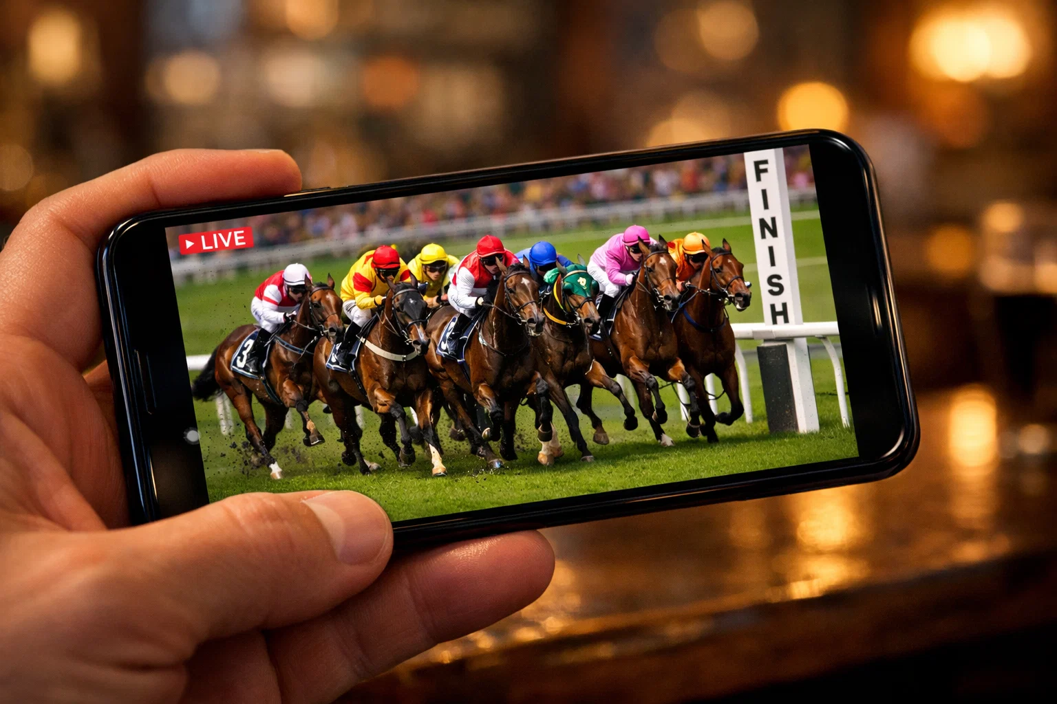Horse racing live stream on mobile device showing horses approaching finish line