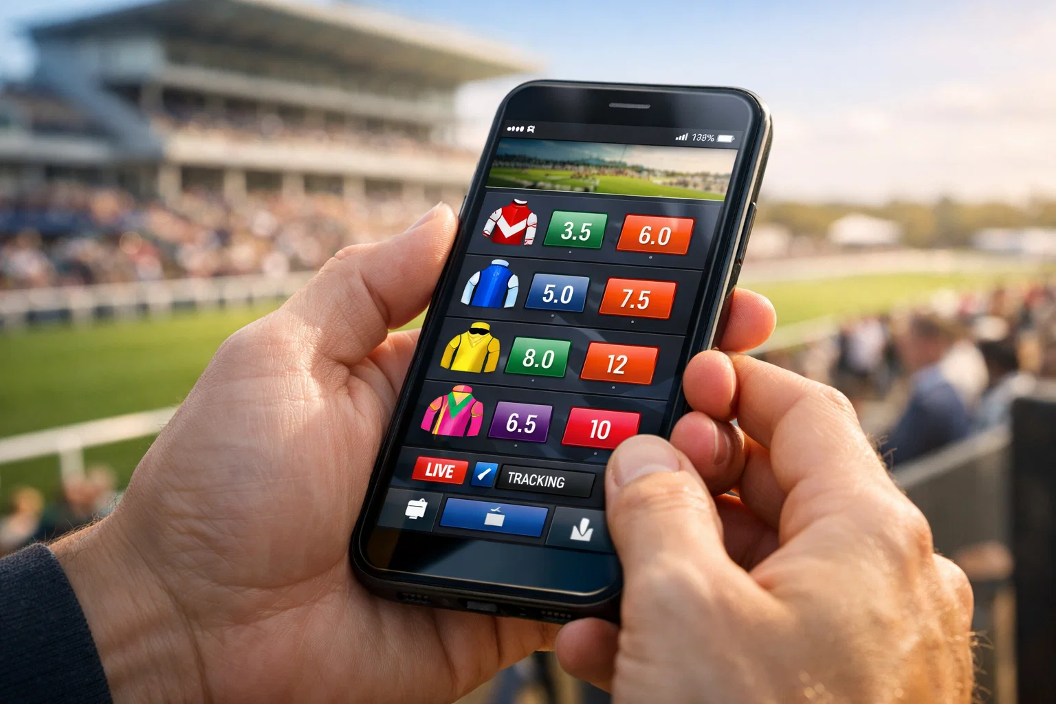 Smartphone displaying horse racing betting app with live odds and race cards